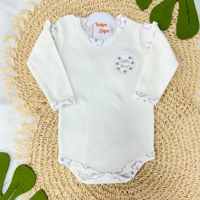 Conj. Body Manga Longa Little Flower e Calça Floral - Off White e Lilás